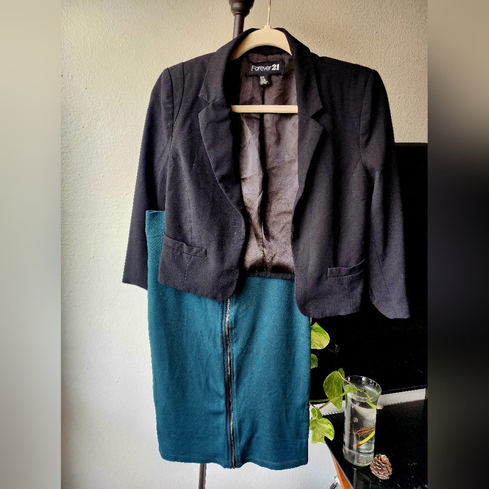 Forever 21 Black Blazer and Teal Skirt Set